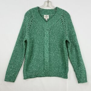 St Johns Bay Womens Green V Neck Long Sleeves Pullover Knit Sweater Size PM